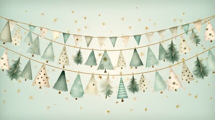  a garland of christmas trees on a string with stars and snowflakes on a light blue background with stars and snowflakes hanging from the top of the garland.  generative ai