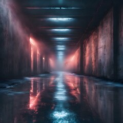 Dark street, wet asphalt, reflections of rays in the water. Abstract dark blue background, smoke, smog. Empty dark scene, neon light, spotlights. Concrete floor - Generative AI