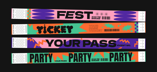 Control y2k ticket bracelets for events, disco, festival, fan zone, party, staff. Vector mockup of a festival bracelet in a futuristic cartoon groovy style - obrazy, fototapety, plakaty
