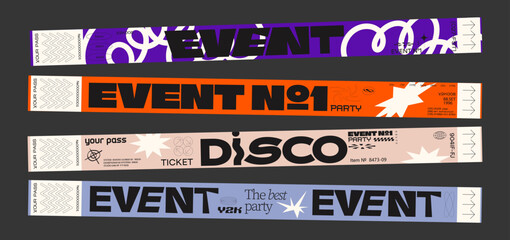Naklejka premium Control y2k ticket bracelets for events, disco, festival, fan zone, party, staff. Vector mockup of a festival bracelet in a futuristic cartoon groovy style