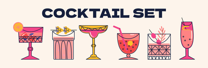 Set alcoholic cocktails in glasses in cartoon retro style of different shapes. Classic summer drinks, aperitif. Hippie groovy drinks hand drawn	