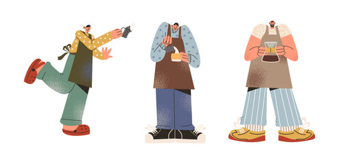 Сartoon barista characters in retro 90s style. Men workers with cups preparing coffee. espresso, cappuccino, latte. Workers, coffee shop staff, coffee maker. Flat illustration