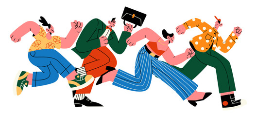 Cartoon people run fast. Active characters are in a hurry to run errands and go to work. Team runners men and women. Vector flat retro illustration