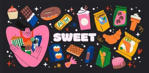 Cartoon sweets stickers in retro 90s style. Groovy character girl, various sweets, cookies, candy, buns, cakes, croissants, chocolate, jellies. Funky hipster stickers Vector set, trendy promo labels