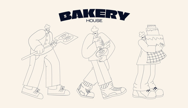 Retro cartoon bakery cooking poster in 90s linear style. Bakery, coffee shop, vector banner on isolated white background