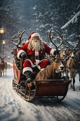 ultra realistic image, Santa Claus in Christmas sleigh being pulled by reindeer, Generattive Ai - obrazy, fototapety, plakaty