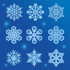 Fototapeta na wymiar Set of snowflakes on a blue background. Decorative elements for greeting cards, holiday backgrounds, wrapping, fabric, banners. Vector illustration. 