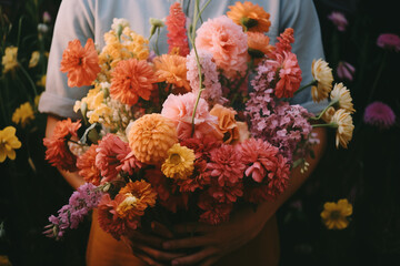 bouquet of flowers in hands, close-up
