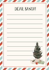 Letter to Santa Claus template for kids. Christmas wishlist for children. Dear Santa printable holiday paper letter background. Christmas vector illustration in flat hand drawn doodle style - obrazy, fototapety, plakaty