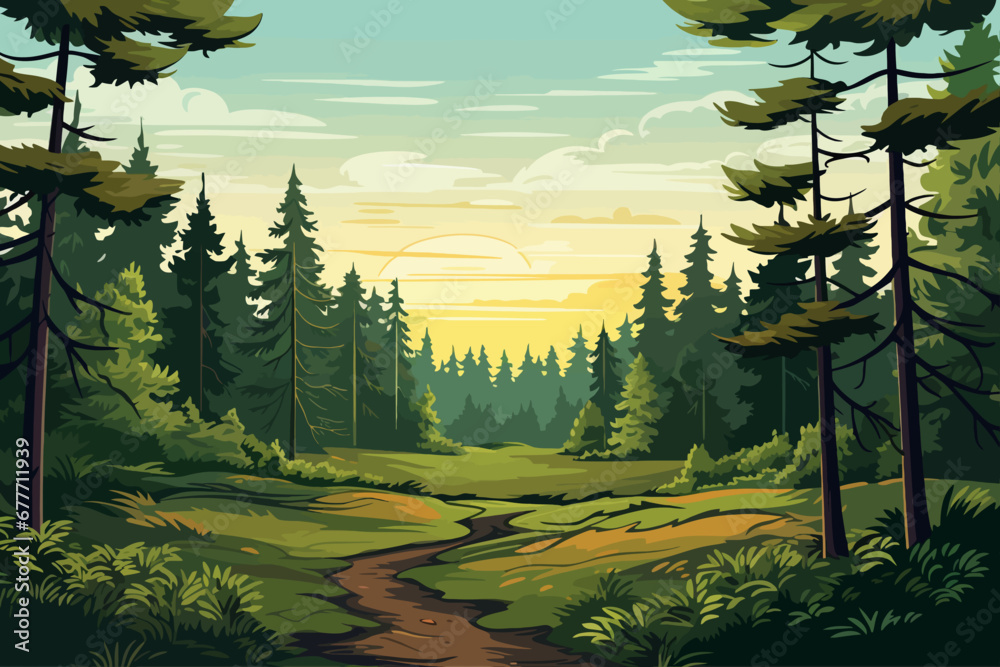 Wall mural forest landscape background with path and trees. vector illustration in flat style
