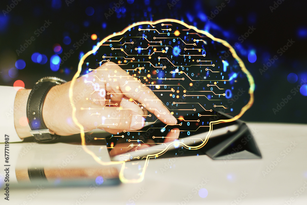 Poster creative artificial intelligence concept with human brain sketch and finger presses on a digital tab