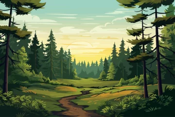Tuinposter Forest landscape background with path and trees. Vector illustration in flat style © xxstudio