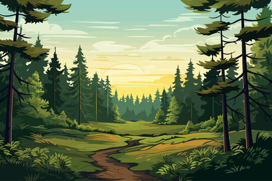 Forest landscape background with path and trees. Vector illustration in flat style