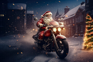 Santa claus riding a motorcycle generative ai - obrazy, fototapety, plakaty