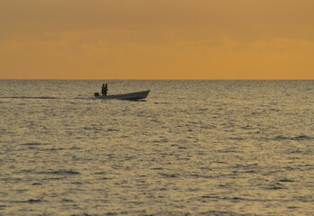 Obraz premium Side view of people on a speedboat in the sea during yellow sunset