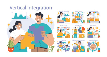 Vertical integration set. Company's supply chain optimization and control. Business strategy from manufacturing to sales. Optimized production flow, effectiveness and quality. Flat vector illustration - obrazy, fototapety, plakaty