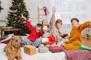 Merry Christmas and Happy Holidays. Children opening gifts and having fun. Boxing Day. Shar Pei dog