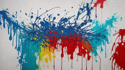 Messy paint strokes and smudges on an old painted wall background. Abstract wall surface with part of graffiti. Colorful drips, flows, streaks of paint and paint sprays