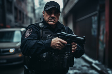 Fototapeta premium a police officer with a gun in an emergency