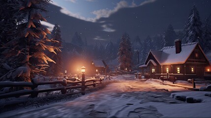  a screenshot of a snowy night with a cabin in the foreground and a street light in the middle of the night in the middle of the foreground.  generative ai