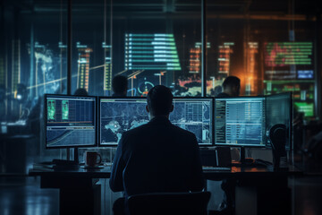 silhouette of a man in front of monitors, working with data