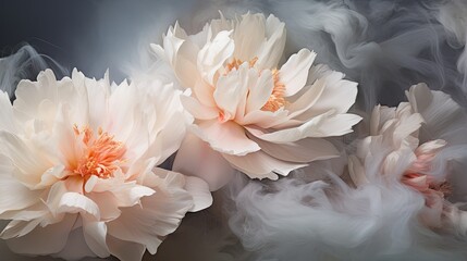  a couple of white flowers sitting on top of a black and white background with smoke coming out of the center of the flowers and the petals on the top of the petals.  generative ai