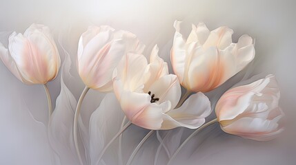  a group of pink and white tulips on a gray background with a blurry image of the tulips on the left side of the image, and the top of the tulips on the right.  generative ai