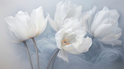  a couple of white flowers sitting on top of a blue and white wall next to a white vase with a white flower on top of a blue and white wall.  generative ai