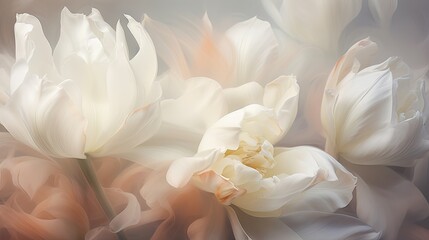  a close up of a bunch of flowers with a blurry background of white tulips in the foreground and a blurry background of pink and white tulips in the foreground.  generative ai
