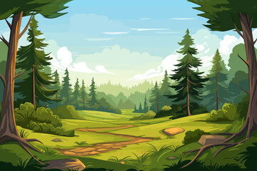 Forest landscape background with green trees and road. Vector illustration in cartoon style