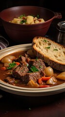  a close up of a plate of food with a bowl of soup and a plate of bread on a table with a bowl of potatoes and a bowl of soup in the background.  generative ai