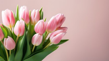 Obraz premium Light pink tulip bouquet on a plain background shot with soft light and a shallow depth of field