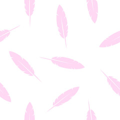 Bird Feathers- seamless pattern, pink and white background, design element