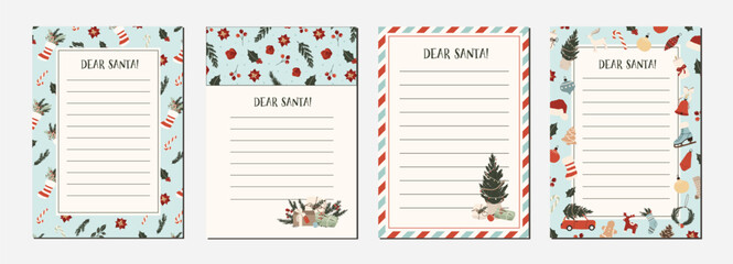 Set of letter to Santa Claus templates for kids. Christmas wishlist for children. Dear Santa printable holiday paper letter background. Christmas vector illustration in flat hand drawn doodle style - obrazy, fototapety, plakaty
