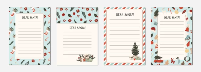 Foto op Plexiglas Set of letter to Santa Claus templates for kids. Christmas wishlist for children. Dear Santa printable holiday paper letter background. Christmas vector illustration in flat hand drawn doodle style © madiwaso