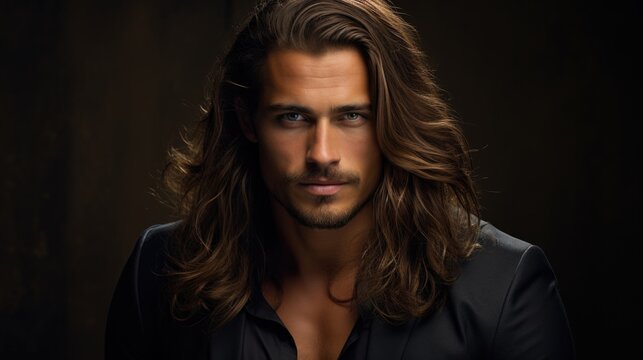 handsome groomed man with long hair on dark background.