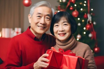 Fototapeta na wymiar Portrait of old senior Asian couple holding wrapped gift presents wear red warm sweaters on christmas eve