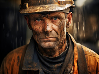 A Outlandish Energy Man in Worker Safety Uniform with Dirty Dust, Mud, Sweat on Face
