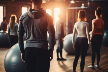 a man in a fitness room among girls