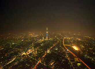 Aerial panoramic shot of Tokyo Sky tree tower at night