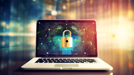 Locked Laptop: Ensuring Data Security,Padlock on Screen: Cybersecurity Concept,AI Generative  - obrazy, fototapety, plakaty