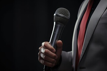 man in business suit holding a microphone on black background. Businessman Speaks. Presents in Seminar. Talks. Micro in the close-up view.
