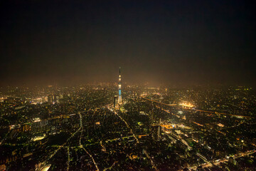 Aerial panoramic shot of Tokyo Sky tree tower at night