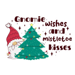 Naklejka premium Vector illustration of a Christmas card with cartoon gnomes and the inscription gnomie wishes and mistletoe kisses. ready-made greeting card template.