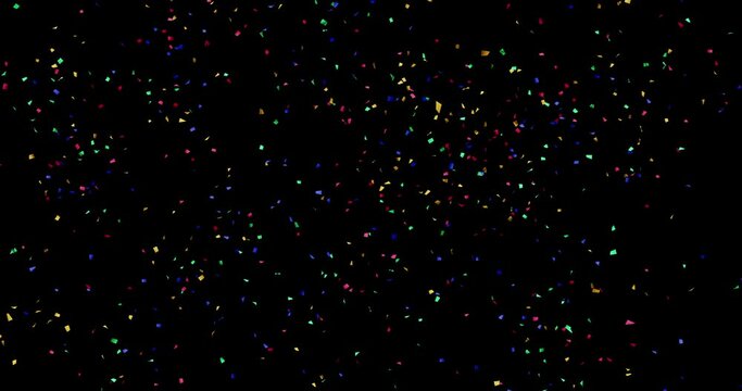 Colorful confetti fall in black background. Happy holiday and exciting festival. 4K 3D rendering animation.