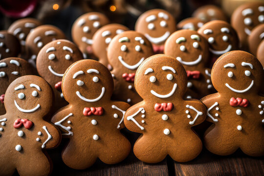Cartoon Funny Gingerbread People.  Generated Image.  A digital rendering of a group of funny gingerbread people decorated for Christmas.