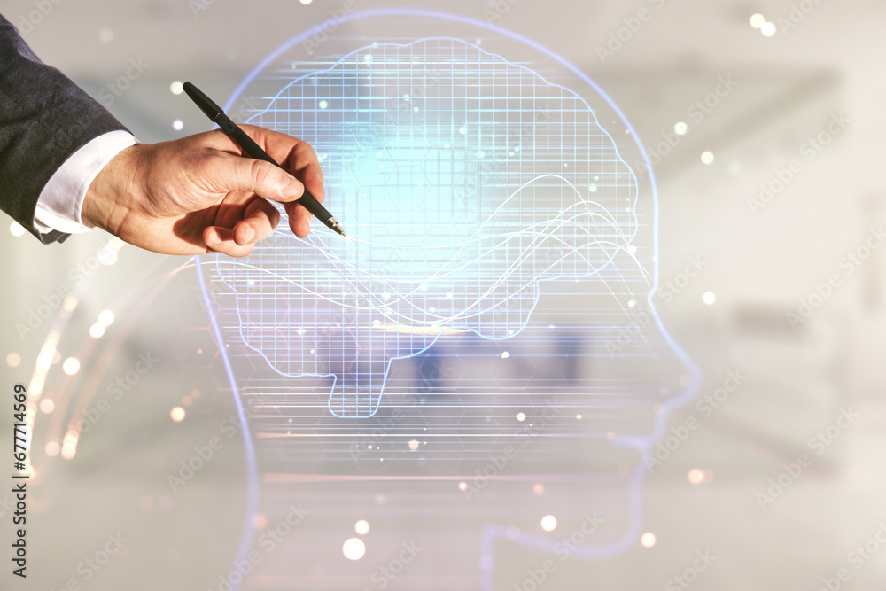 Aufkleber double exposure of man hand with pen working with creative human head microcircuit hologram on blurr