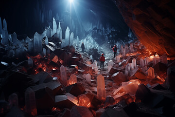 cavers in a cave with huge crystals - obrazy, fototapety, plakaty