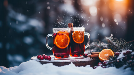 Delicious Mulled Wine with Snowy Forest on the Background	 - obrazy, fototapety, plakaty
