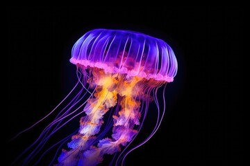 Neon purple Jellyfish in the water, black background 